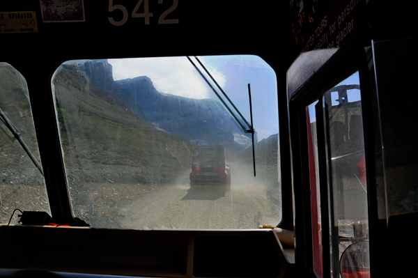 looking through the front window of the snowcoach